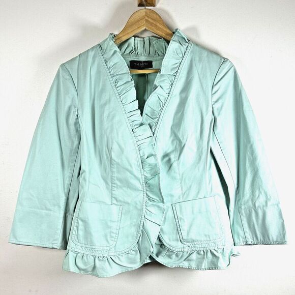 Talbots Jackets & Blazers - Talbots Petites Blue Cotton Open Front Blazer Jacket Ruffle Trim Pockets Size 6